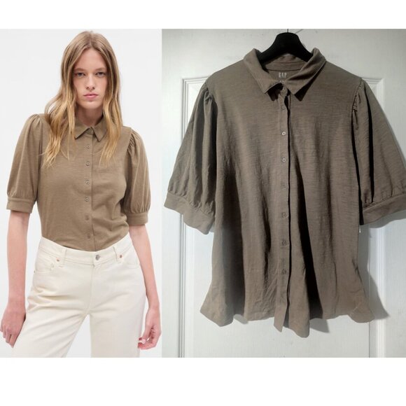 Gap | Puff-Sleeve Shirt In Dried Moss Green - Picture 1 of 9